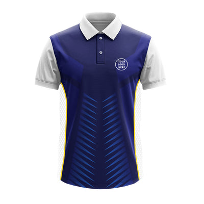 Blue premium polo jersey with white sleeves and side panels, customizable with company logo, employee name, team branding, and sponsor artwork.