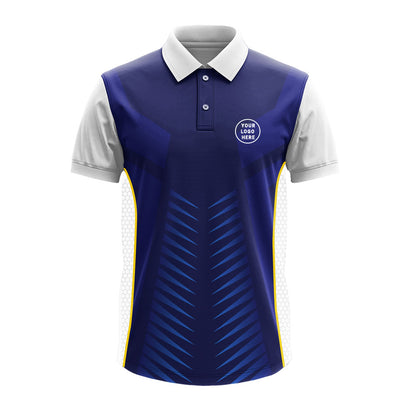 Blue premium polo jersey with white sleeves and side panels, customizable with company logo, employee name, team branding, and sponsor artwork.