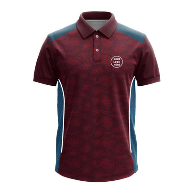 Premium maroon custom polo jersey featuring breathable blue side mesh panels, moisture-wicking polyester fabric, polo collar and logo branding, suitable for corporate uniforms, promotional events, team apparel and employee workwear.