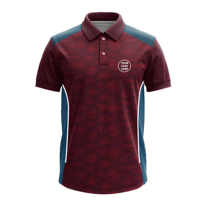 Premium maroon custom polo jersey featuring breathable blue side mesh panels, moisture-wicking polyester fabric, polo collar and logo branding, suitable for corporate uniforms, promotional events, team apparel and employee workwear.