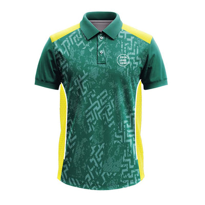 Green premium polo uniform jersey with modern geometric graphics, yellow honeycomb mesh side panels, black sleeves and custom logo placement. Suitable for corporate uniforms, promotional apparel, employee workwear, team polo shirts and personalised company branding.