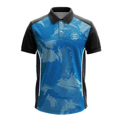 Blue premium custom polo jersey featuring abstract ocean wave graphics, black sleeves, breathable honeycomb side mesh panels and polo collar. Ideal for corporate uniforms, branded team apparel, employee workwear, promotional events and personalised logo printing.