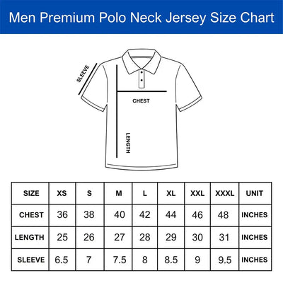 Men's premium polo neck jersey size chart, XS to 3XL