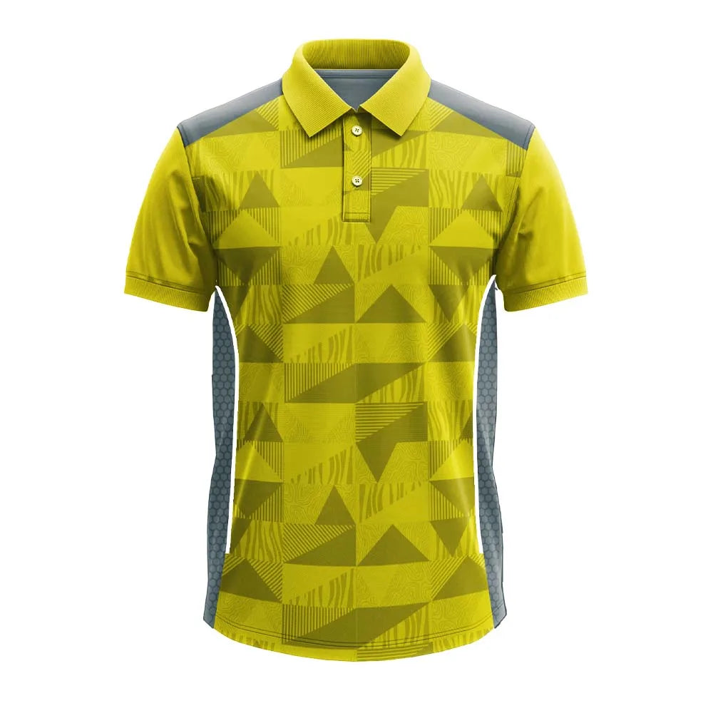 Yellow Geometric premium sports polo jersey, front view with grey mesh side panels