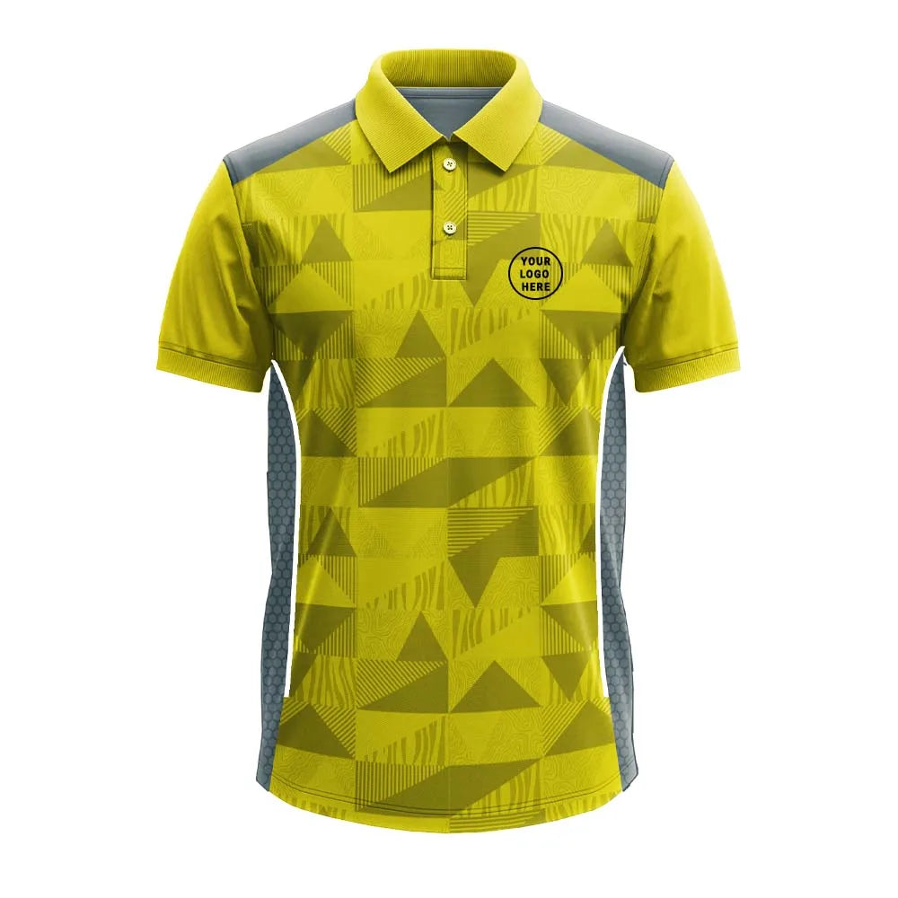 Yellow Geometric polo jersey front showing optional team logo placement