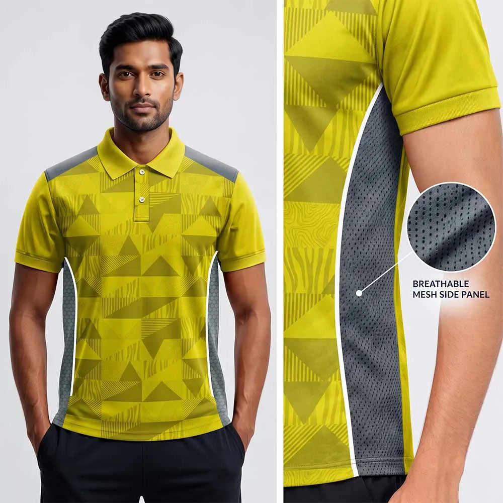 Model wearing Yellow Geometric polo jersey beside mesh side-panel close-up
