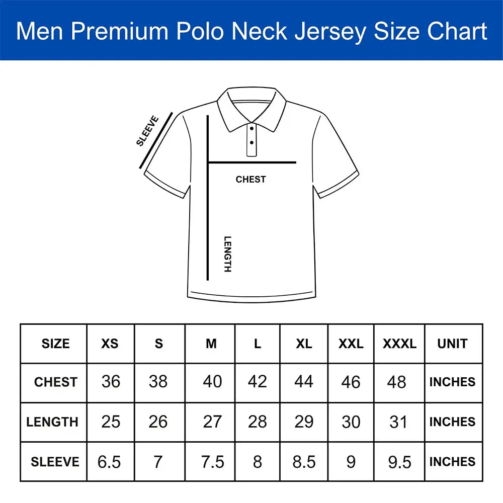 Men's premium polo jersey size chart, XS to 3XL, chest 36 to 48 inches