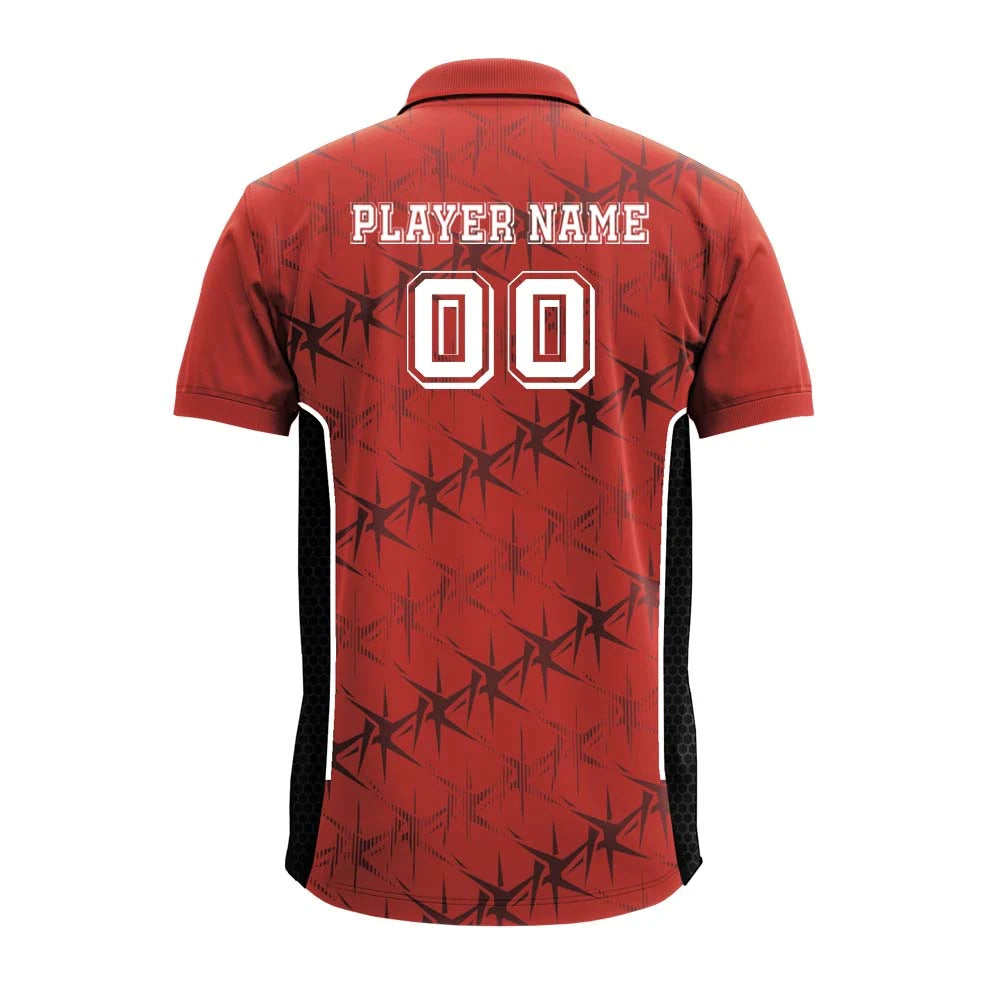 Red Black Angular polo jersey back showing player name and number placement