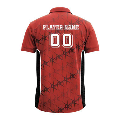 Red Black Angular polo jersey back showing player name and number placement