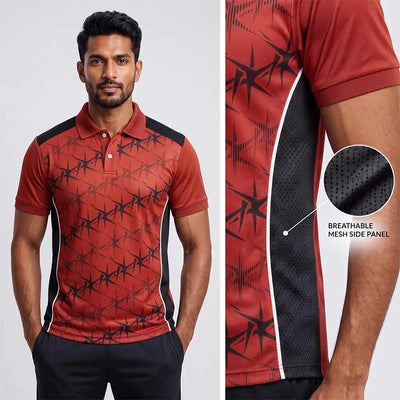 Model wearing Red Black Angular polo jersey beside mesh side-panel close-up