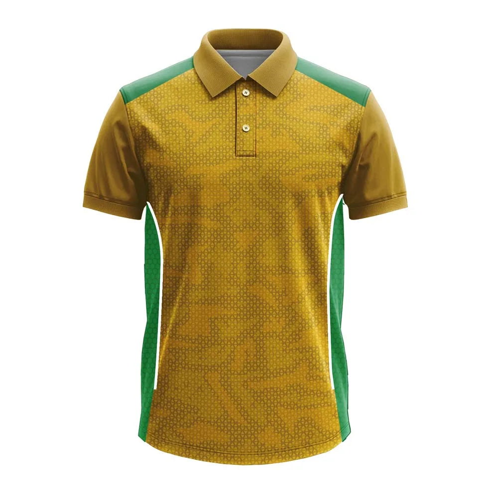 Mustard Micro Geometric cricket polo jersey, front view with green mesh side panels