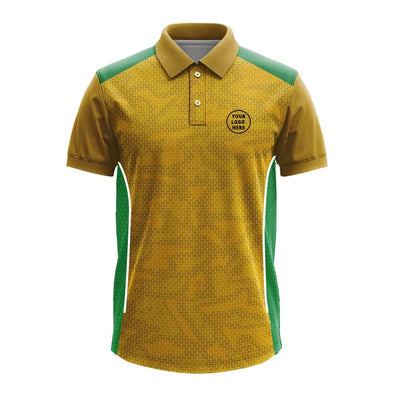 Mustard Micro Geometric polo jersey front showing optional team logo placement