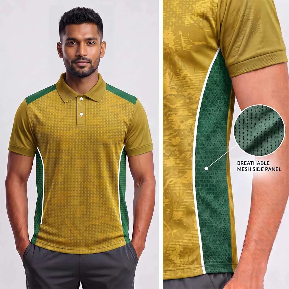 Model wearing Mustard Micro Geometric polo jersey beside mesh side-panel close-up
