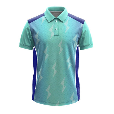 Aqua Lightning cricket polo jersey, front view with navy mesh side panels