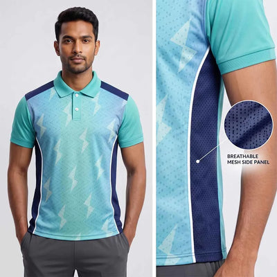 Model wearing Aqua Lightning polo jersey beside mesh side-panel close-up
