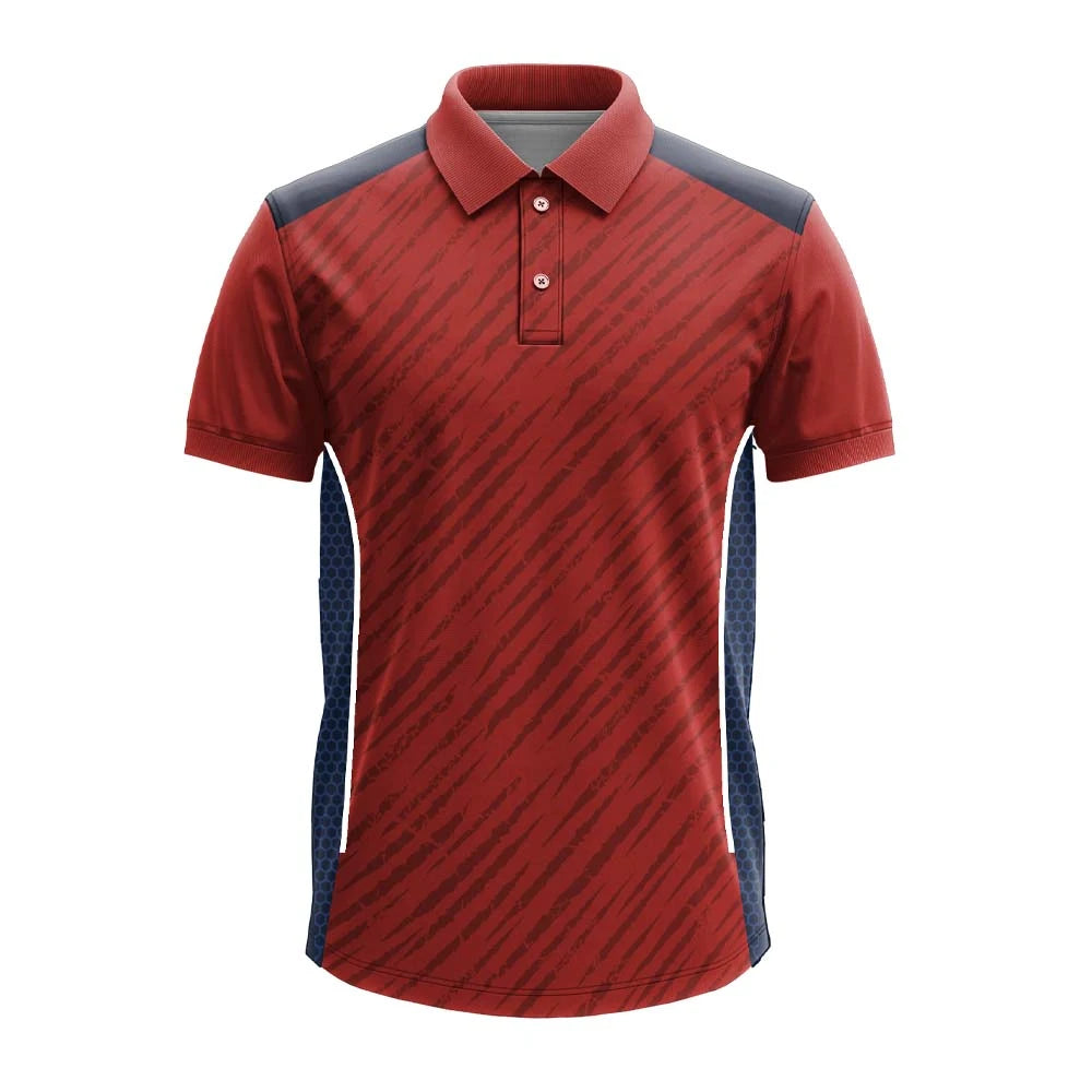 Red Diagonal Stripe cricket polo jersey, front view with charcoal mesh side panels