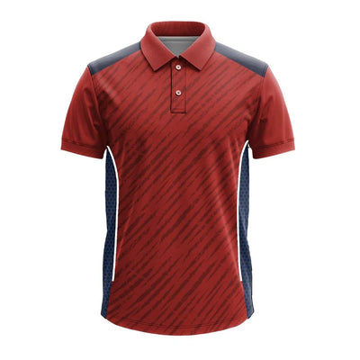 Red Diagonal Stripe cricket polo jersey, front view with charcoal mesh side panels