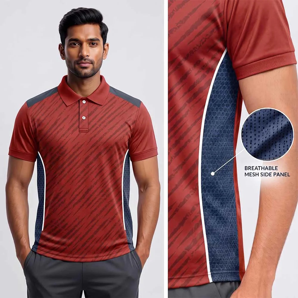 Model wearing Red Diagonal Stripe polo jersey beside mesh side-panel close-up