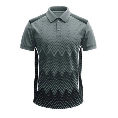 Charcoal Zigzag cricket polo jersey, front view with black mesh side panels
