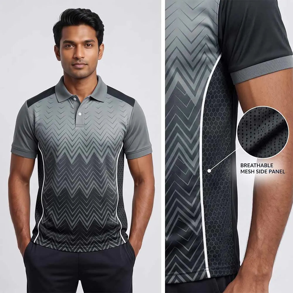 Model wearing Charcoal Zigzag polo jersey beside mesh side-panel close-up