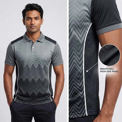 Model wearing Charcoal Zigzag polo jersey beside mesh side-panel close-up