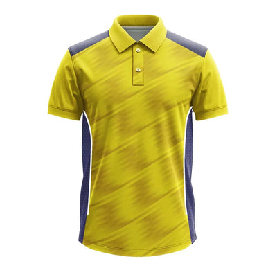 Yellow Diagonal Streak cricket polo jersey, front view with blue-grey mesh side panels