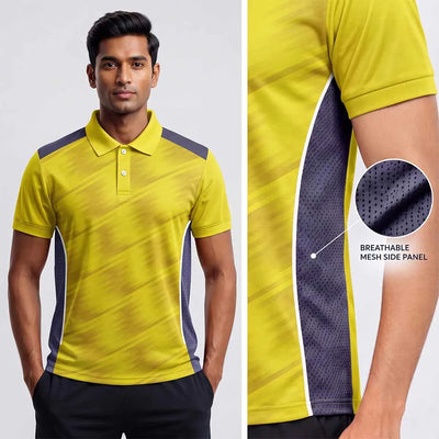 Model wearing Yellow Diagonal Streak polo jersey beside mesh side-panel close-up