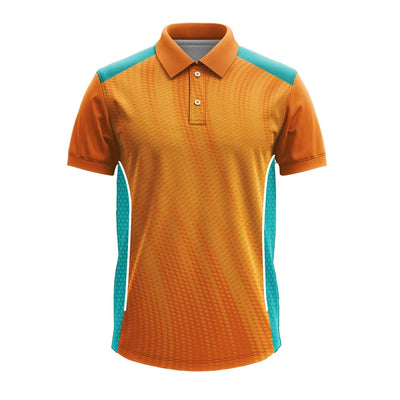 Orange Micro Pattern cricket polo jersey, front view with turquoise mesh side panels