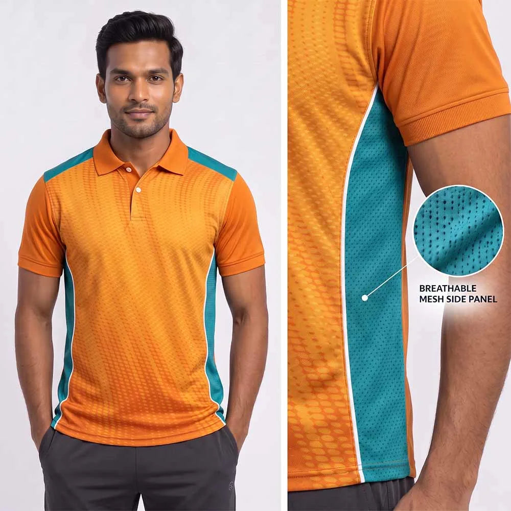 Model wearing Orange Micro Pattern polo jersey beside mesh side-panel close-up