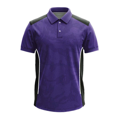 Purple Fine Stripe cricket polo jersey, front view with black mesh side panels