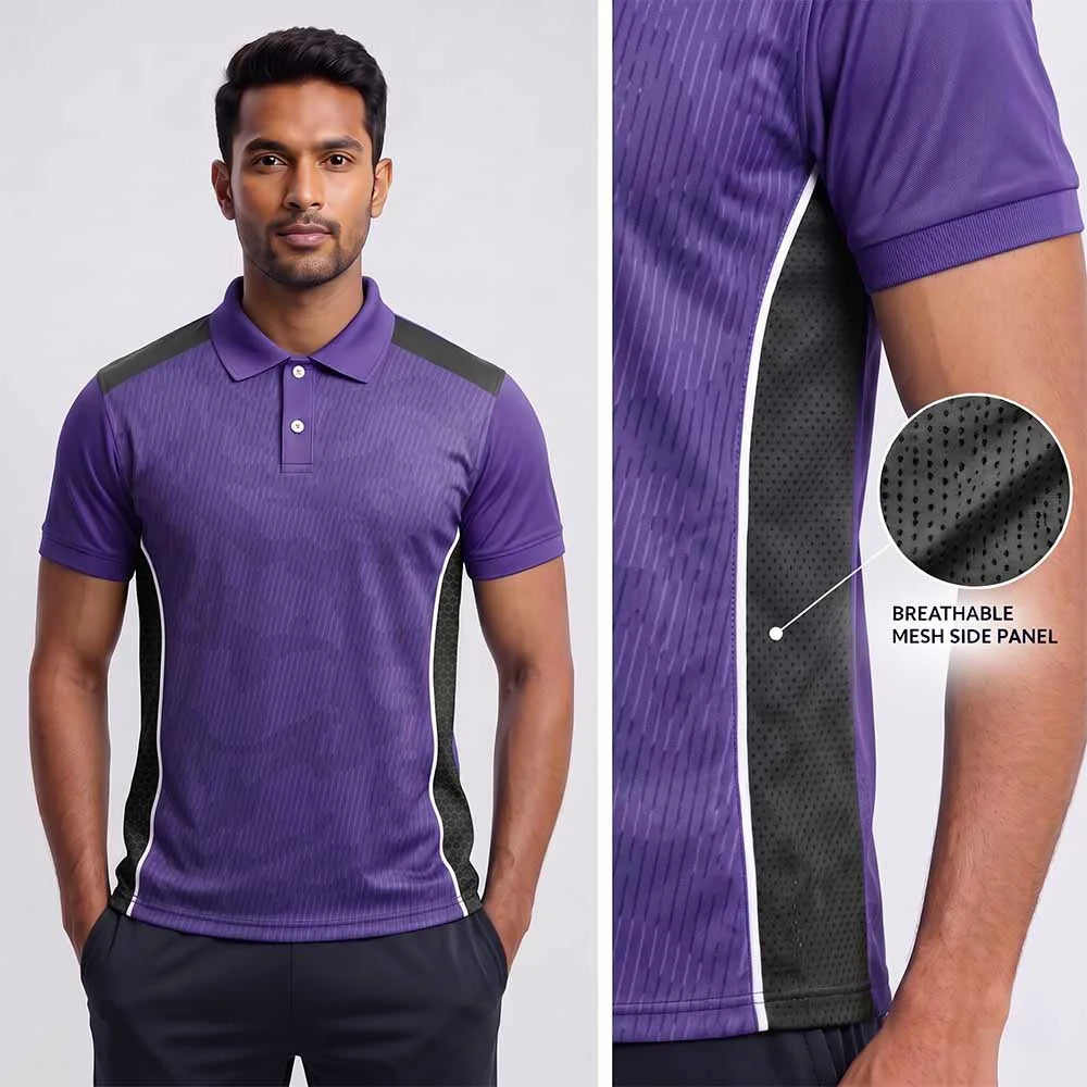Model wearing Purple Fine Stripe polo jersey beside mesh side-panel close-up