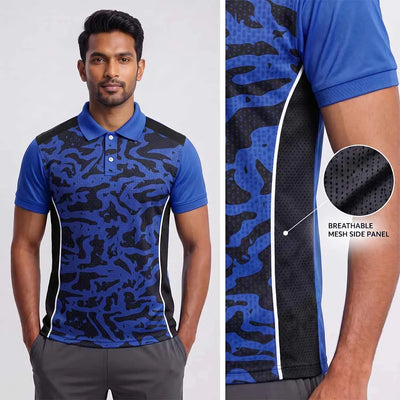 Model wearing Royal Blue Camo polo jersey beside mesh side-panel close-up