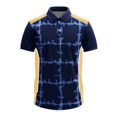 Navy Tie-Dye Grid premium polo jersey, front view with gold side panels