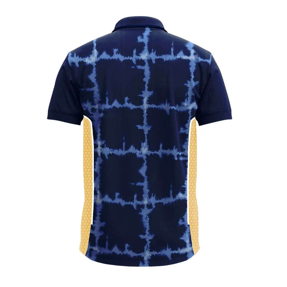 Back view of the navy tie-dye grid premium polo jersey