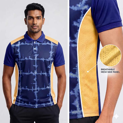 Model wearing Navy Tie-Dye Grid polo jersey beside a close-up of its gold side panel