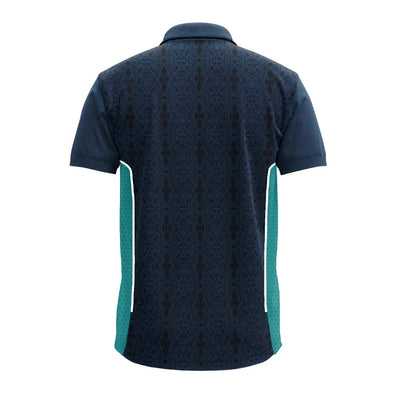 Back view of the dark navy geometric premium polo jersey