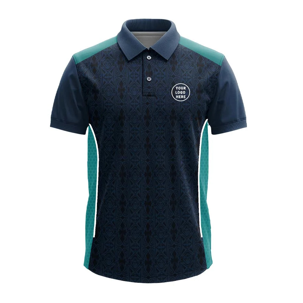 Dark Navy Geometric polo jersey front showing optional team logo placement