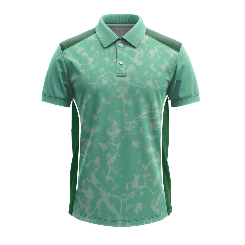 Mint Green Distressed premium polo jersey, front view with forest-green side panels