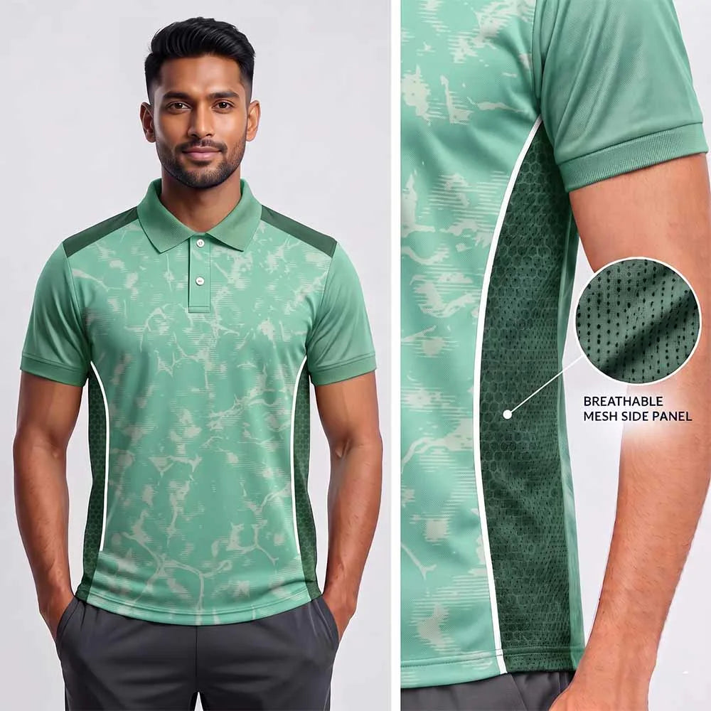 Model wearing Mint Green Distressed polo jersey beside a close-up of its forest-green side panel