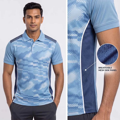 Model wearing Light Blue Brush-Stroke polo jersey beside a close-up of its dark-blue side panel