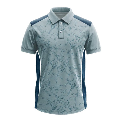 Slate Blue Marble premium polo jersey, front view with navy side panels