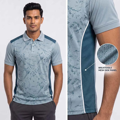 Model wearing Slate Blue Marble polo jersey beside a close-up of its navy side panel