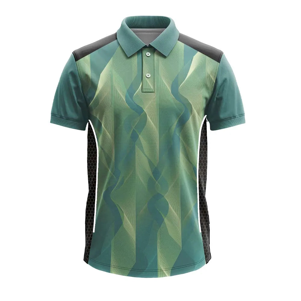 Teal Green Wave premium polo jersey, front view with black side panels