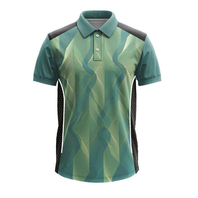 Teal Green Wave premium polo jersey, front view with black side panels