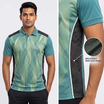 Model wearing Teal Green Wave polo jersey beside a close-up of its black side panel