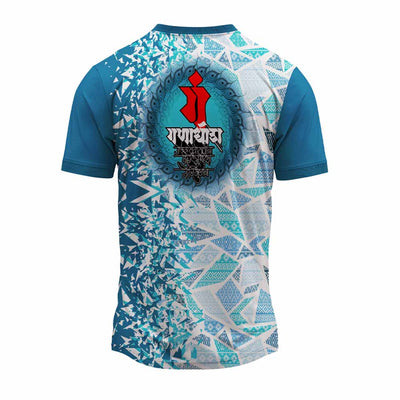 Ganpati jersey, Ganesh Utsav t-shirt, blue Ganpati t-shirt, polyester festival wear, visarjan jersey, Ganesh design t-shirt, Marathi festival jersey, devotional wear for men, Ganpati mandal t-shirt, blue religious jersey