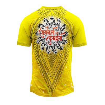 Ganpati jersey, Ganesh Chaturthi jersey, yellow Ganpati t-shirt, polyester festival jersey, spiritual wear for men, Ganpati Aarti design jersey, Ganesh Utsav dress, Indian religious wear, devotional t-shirt, comfortable religious clothing, Ganesh mandal uniform, stylish Ganpati t-shirt, Maharashtrian festival jersey