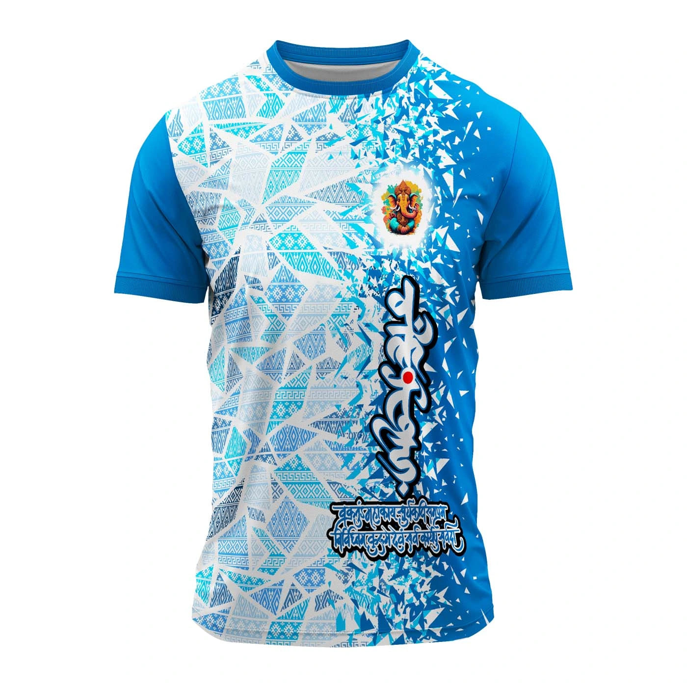 Ganpati jersey, Ganesh Utsav t-shirt, blue Ganpati t-shirt, polyester festival wear, visarjan jersey, Ganesh design t-shirt, Marathi festival jersey, devotional wear for men, Ganpati mandal t-shirt, blue religious jersey

