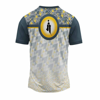 Ganpati jersey, Ganesh festival wear, grey Ganpati t-shirt, yellow devotional jersey, visarjan dress, mandal group t-shirt, Marathi festival outfit, modern Ganesha t-shirt, polyester Ganpati jersey
