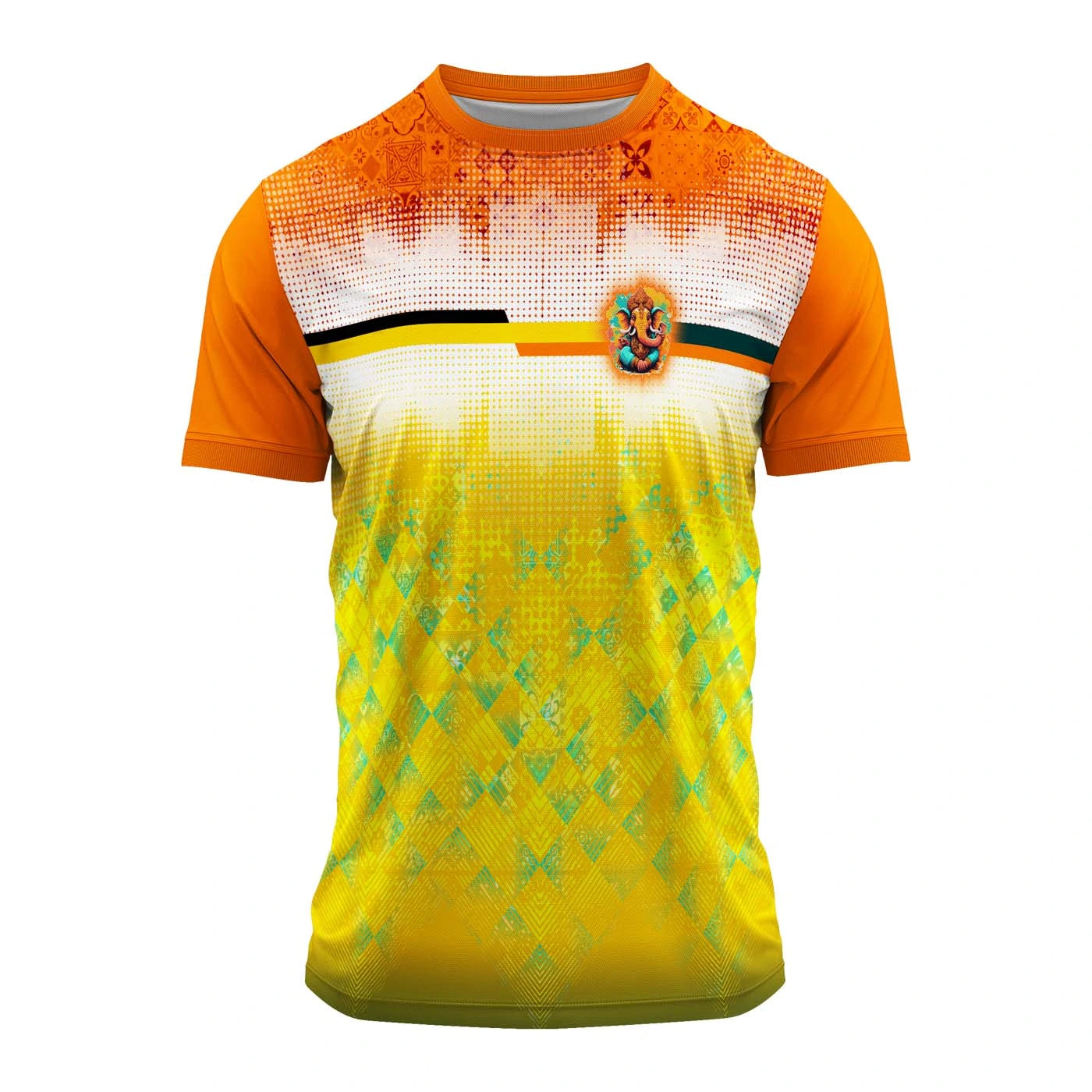 Ganpati jersey, Ganpati Bappa t-shirt, Ganesh festival jersey, Ganesh Chaturthi dress, yellow Ganpati t-shirt, orange Ganesh jersey, dry fit Ganpati jersey, Ganpati visarjan wear, bhajan mandal t-shirt, Ganpati utsav clothes, men’s Ganpati dress, mandal uniform, festival jersey for Ganesh, Ganpati 2025 outfit, Ganesh mandal t-shirt
